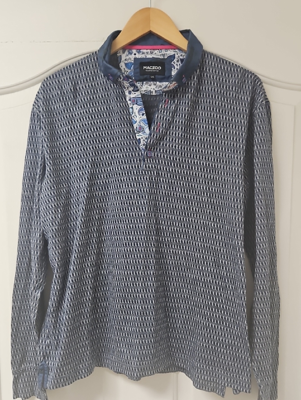 MACEOO Men's Navy Patterned Quarter Button Knit Shirt with Contrast Collar